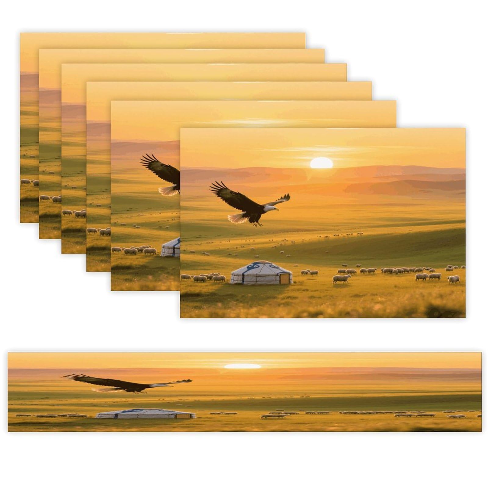 Steppe Sunset Table Runner and Placemats Set of 7 Linen Table Mat Non-Slip Place Mats Washable Placemat Heat Resistant Place Mat with Table Runner for Party Dining Decor