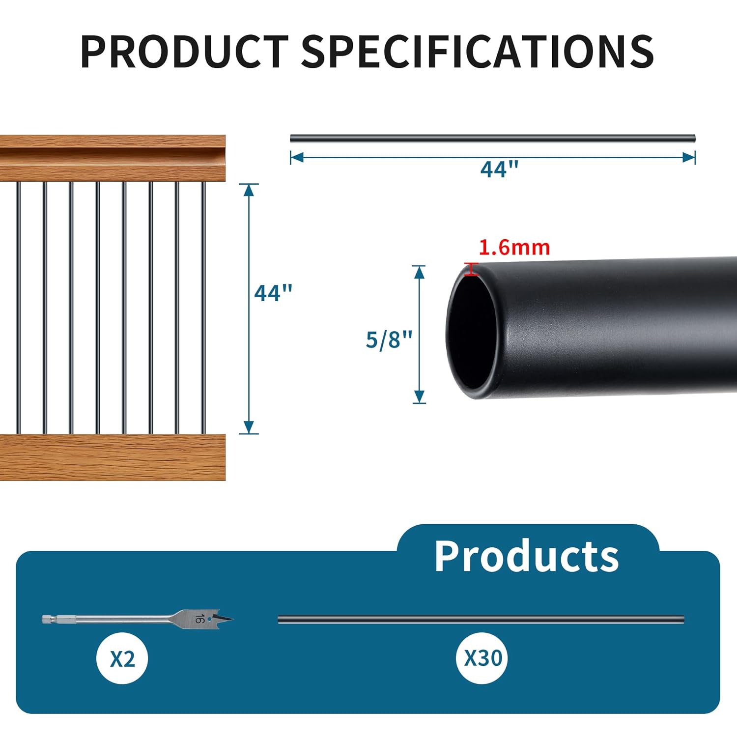 Iron Stair Balusters 5/8" Round Hollow Metal Wrought Iron Spindles for Indoor Staircase & Deck Railing 44" Long Plain Railing Pickets, Satin Black Powder Coated (30 Pack, 44")