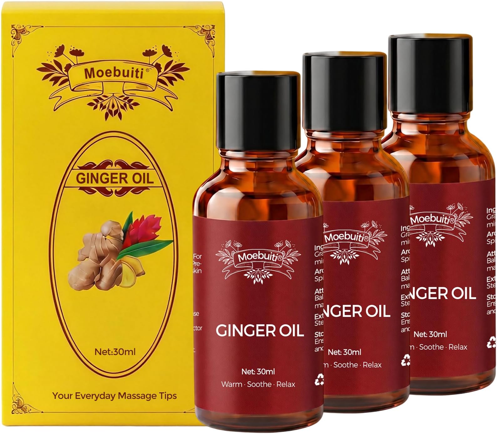 Ginger Oil, Relaxing Massage Oils for Massage Therapy, Pure Ginger Essential Oil for Lymphatic Drainage, Hair Care, Joint Pain, Skin, Belly, Diffuser, Aromatherapy, 30ml (Pack of 3)