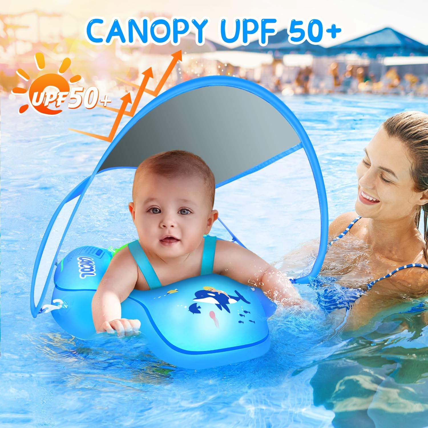 Baby Pool Float with Canopy UPF50+ Sun Protection, no flip Over Inflatable Baby Float for Baby 3-36 Months, Skin Protect Toddler floaties for Boys and Girls