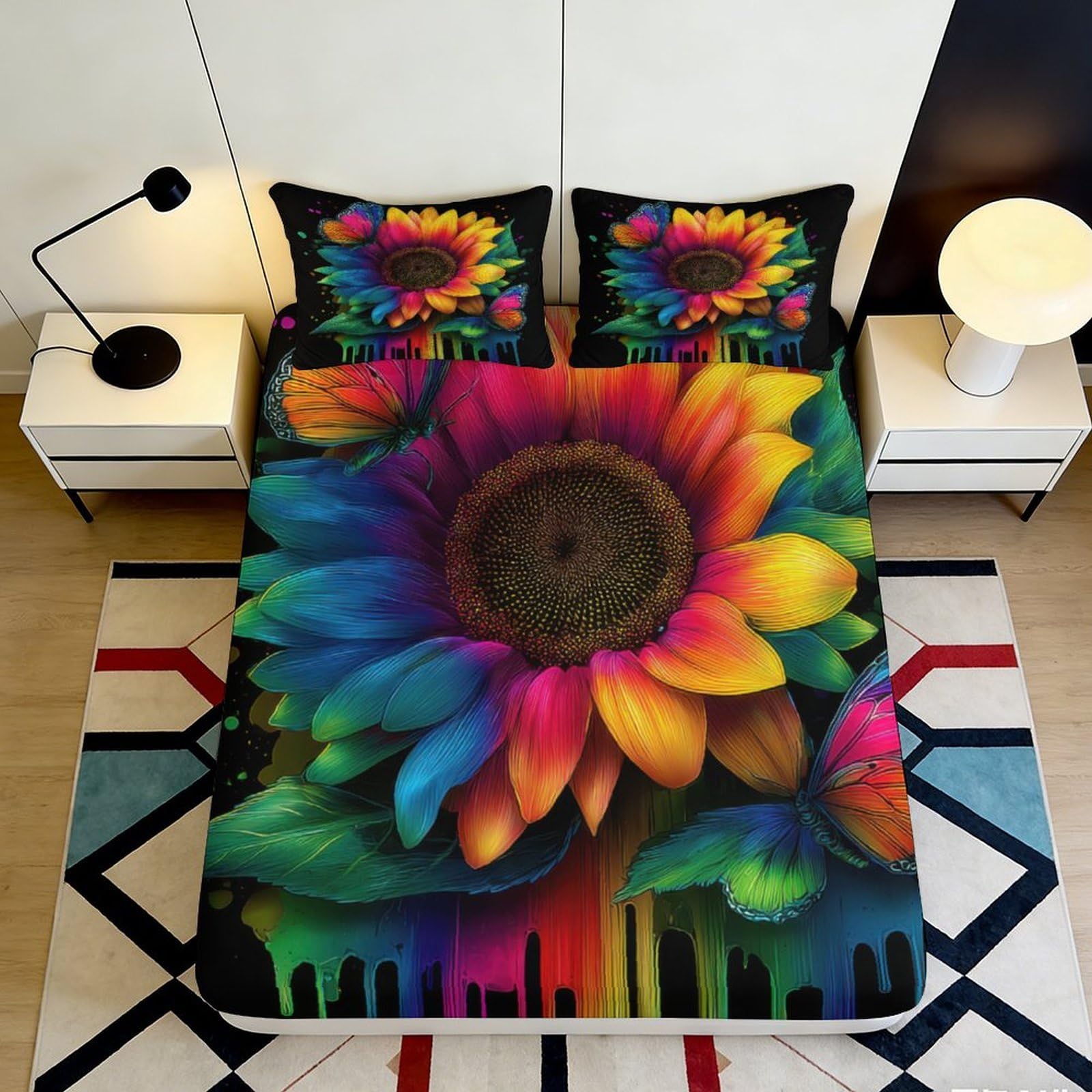 3D Printed Colorful Sunflower Fitted Sheet Microfiber Vibrant Butterfly Mattress Cover for Bedroom Dorm Decor 120x200x25cm