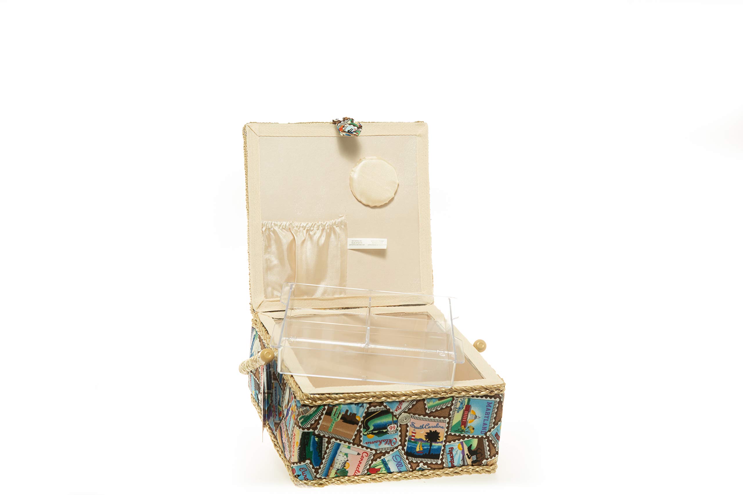 Allary Large Square Sewing Basket with Pincushion and Organizer Tray 9.25? x 9.25? x 5.25?