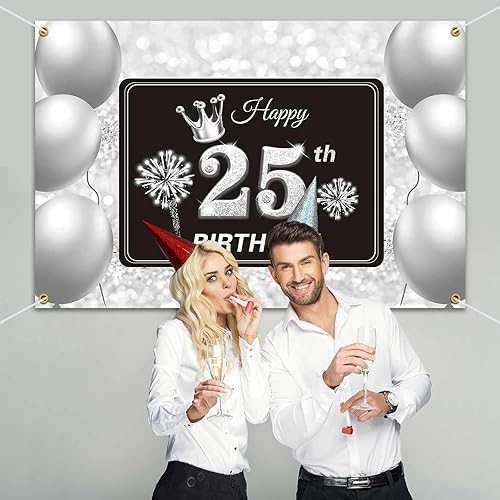 Miniatura 7 de Cartel de fondo de feliz cumpleaños 93, suministros de decoración de fiesta de cumpleaños 93 para hombres y mujeres, color plateado, 3.9 x 5.9 pies