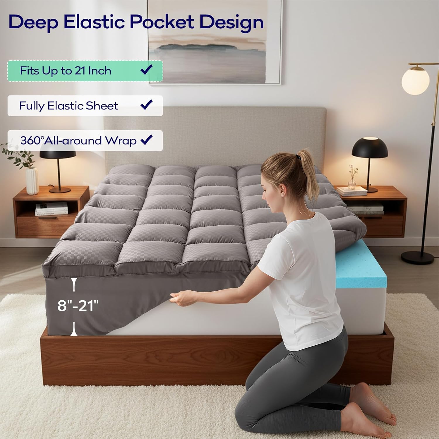 OLANLY Dual-Layer 4 Inch Twin XL Size Memory Foam Mattress Topper for College Dorm Room Essentials, 2 Inch Gel Memory Foam Topper, 2 Inch Cooling Pillow Top Mattress Pad Cover, Light Grey