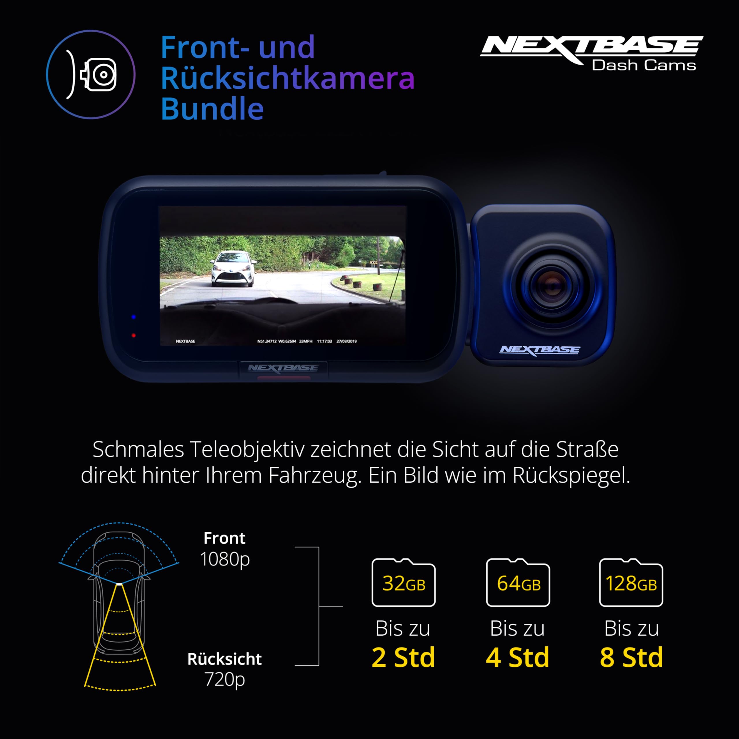 Nextbase 222 X Dashcam avant + arrière avec caméra arrière + carte SD 32 Go | 1080p Full HD | écran 2,5" | enregistrement en boucle | mode stationnement | support Click&Go |