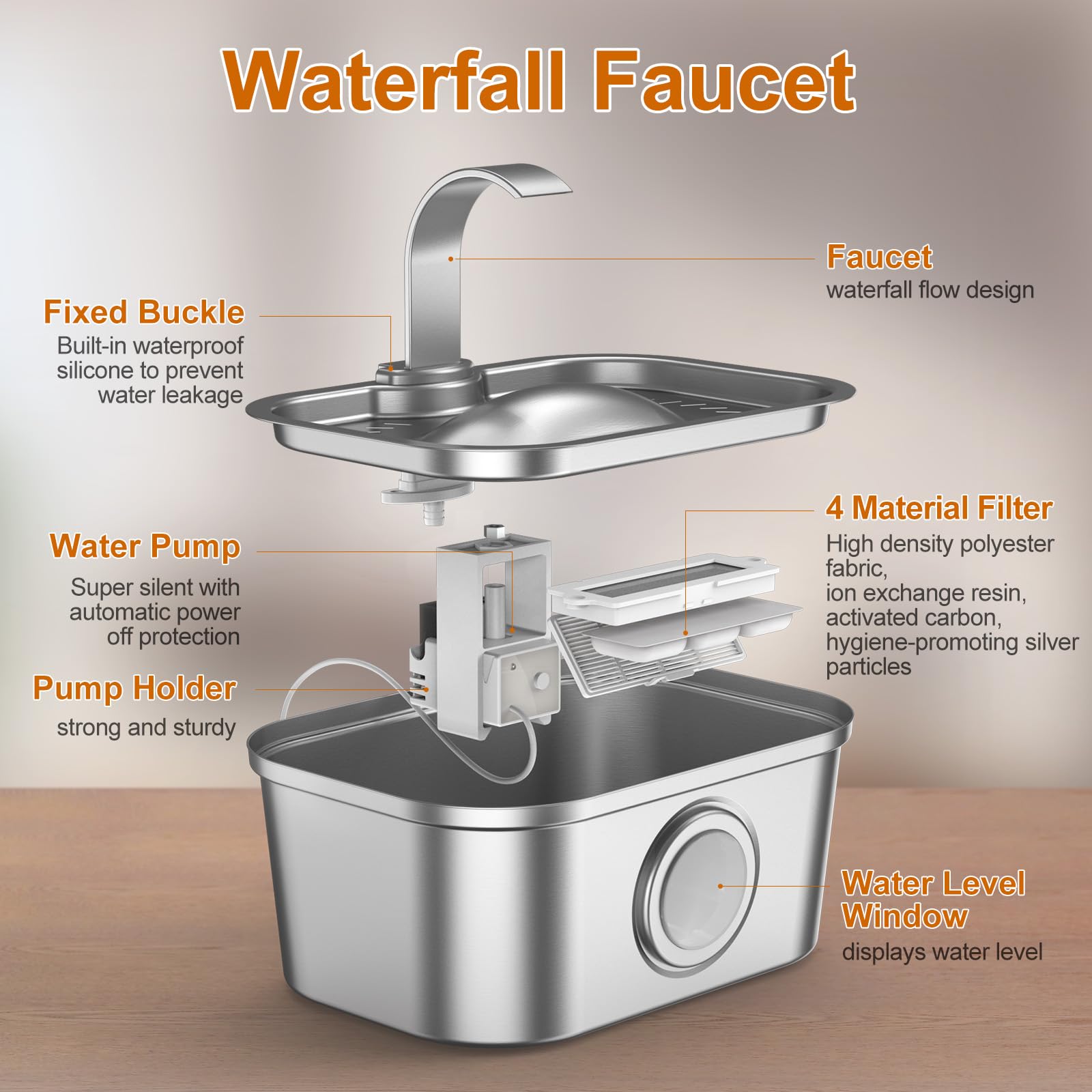 Bobo&Dragon Fontana d'acqua per gatti in acciaio inox, 3,5 l, erogatore automatico ultra silenzioso per più cani e gatti, filtraggio a 6 strati, finestra intelligente, 2+2 filtri di ricambio integrati