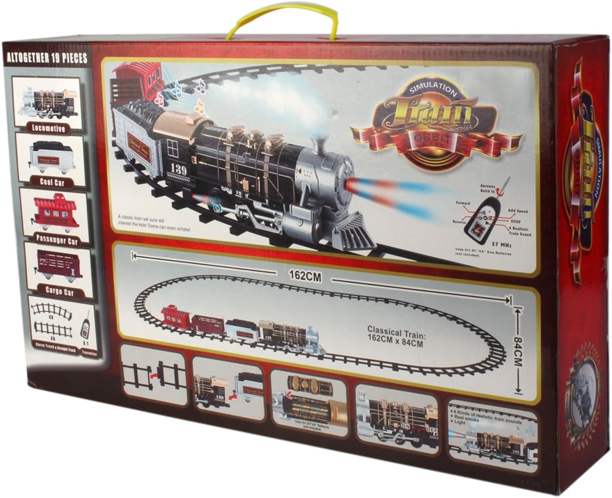 RC Toy Train & Track Set with 4 Cars + 4 Realistic Train Sounds + Smoke + Headlight for Kids