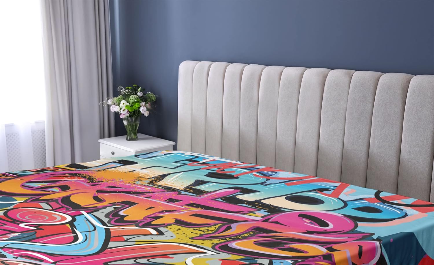 Ambesonne Graphic Fitted Sheet, Hip Hop Street Culture Harlem New York City Wall Graffiti Art Spray Art Image, Bed Cover with All-Round Elastic Deep Pocket for Comfort, Full Size, Multicolor Full Pink Red