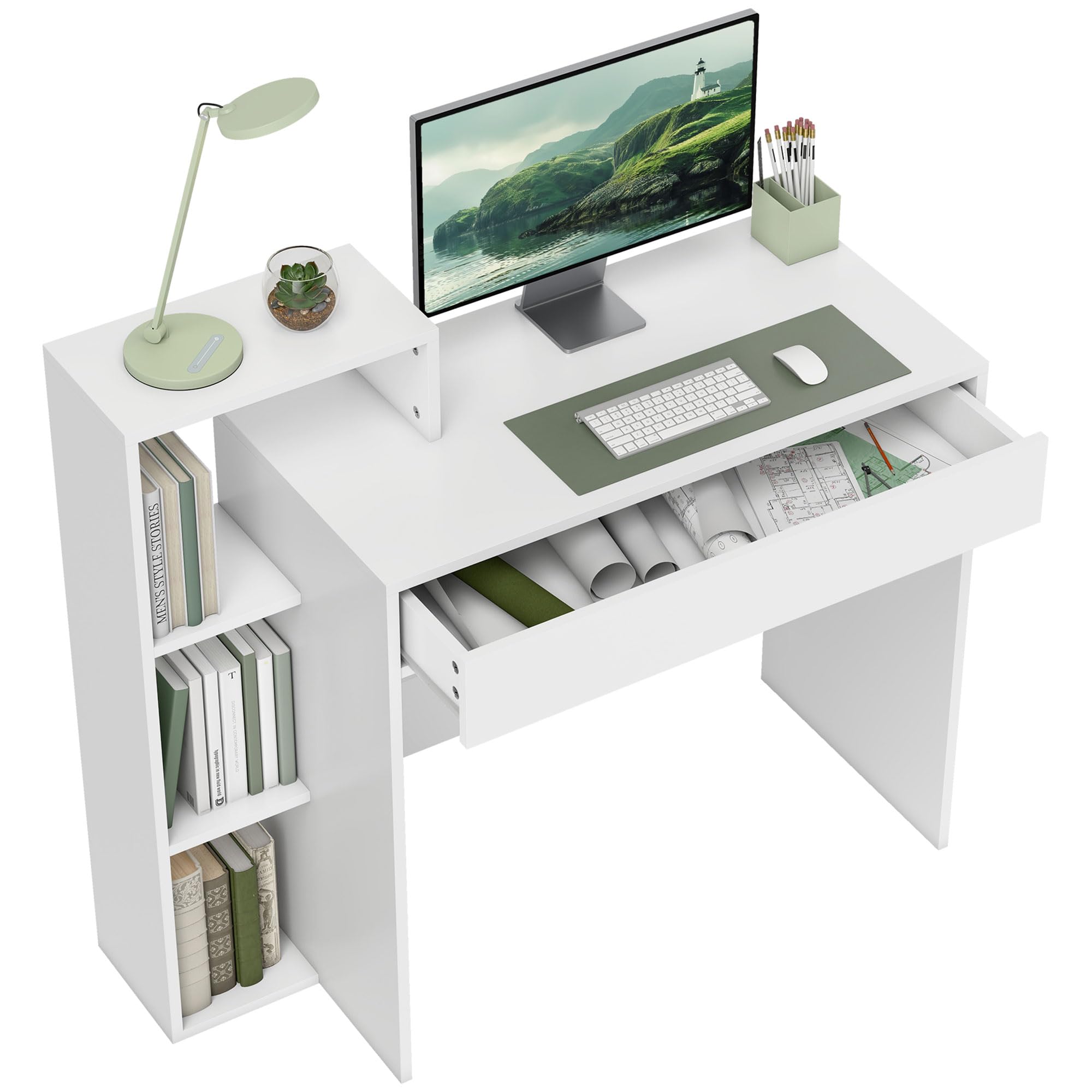 HOMCOM Scrivania Salvaspazio Moderna con 3 Ripiani Aperti e Cassetto Grande, Scrivania con Libreria in Legno, Tavolo Porta PC per Computer, per Ufficio, Studio e Camera da Letto, 100x40x90cm, Bianco