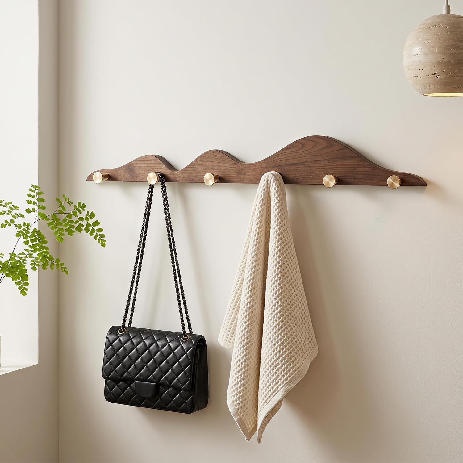 Starry Wood Coat Hooks Wall Mount Wooden Modern Decorative Wall Mount Coat Rack with 4 Gold Brass Hooks Heavy Duty Mounted Entryway Coat Rack for Hanging Coats Keys Hats Towels Bags Purse Walnut