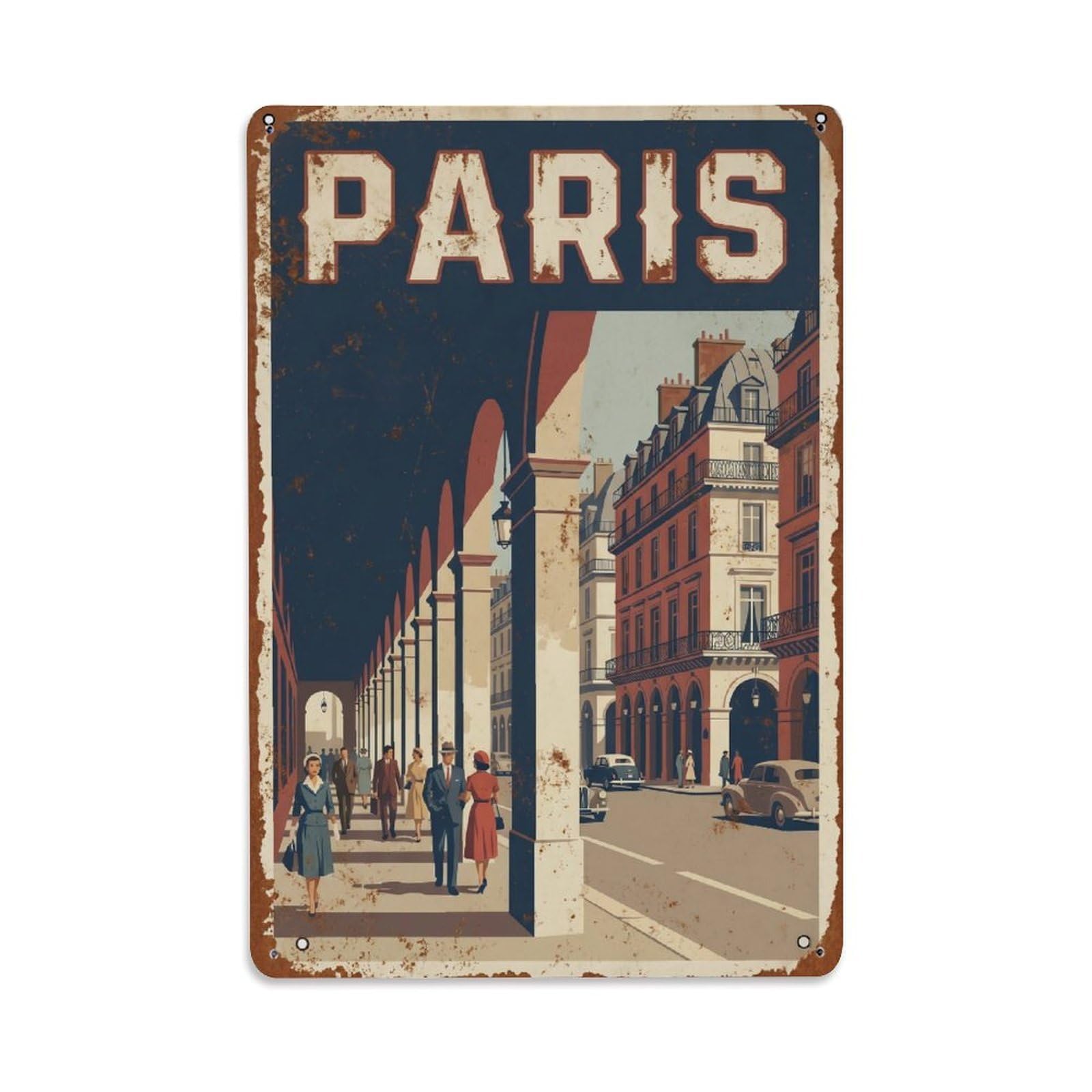 Vintage Travel Paris Rue De Rivoli Arcades Rusted France Metal Tin Sign Plaque Wall Decor for Cafe, Club Bar, Office, Home Garden Metal Poster 8x12Inch