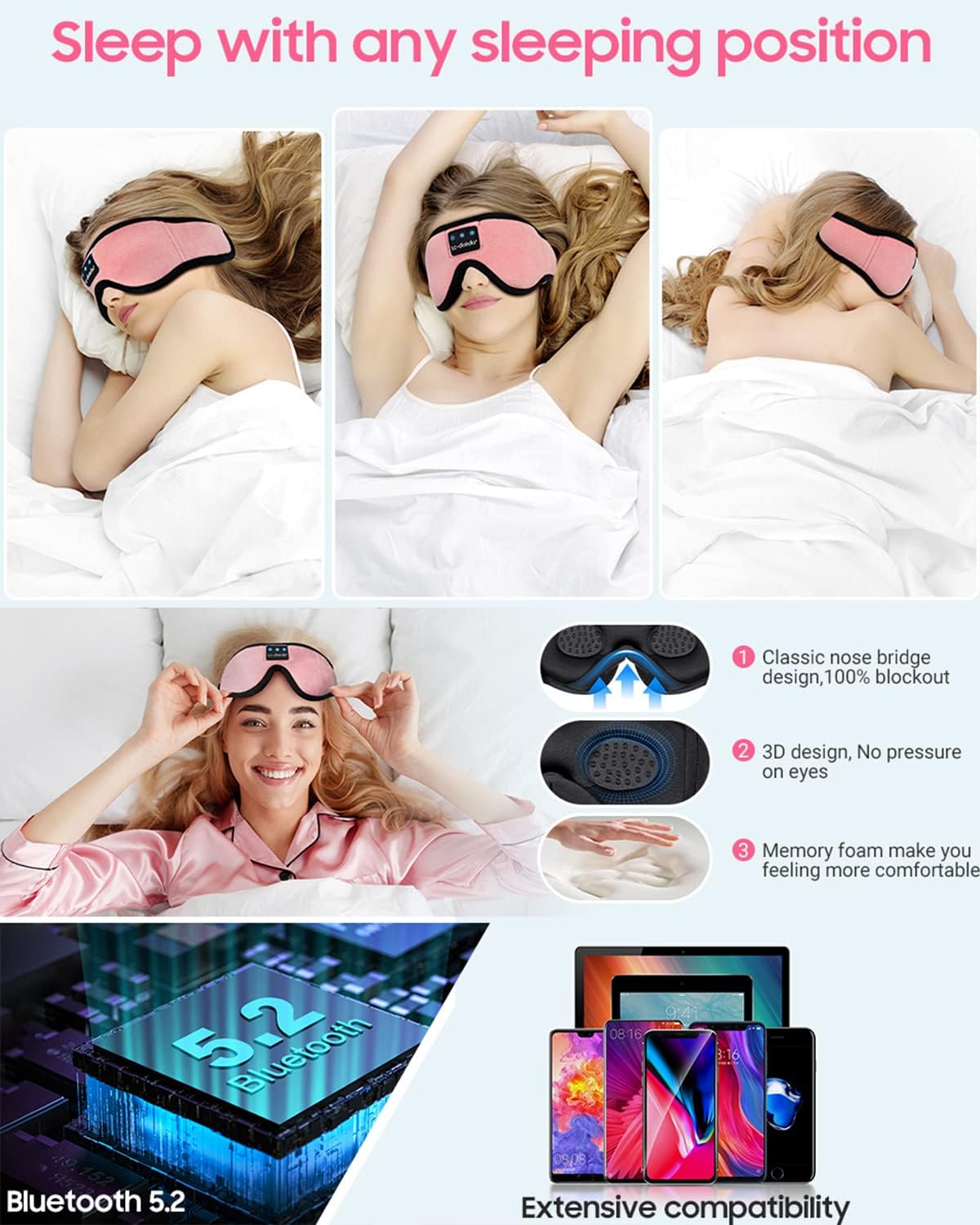 LC-dolida Bluetooth Headband Headphones, Starry Sleep Mask with Bluetooth Headphones Sleeping Headband Bluetooth Headband + Sleeping Headphones Bluetooth Eye Mask 3D Breathable Sleep Headphones with T