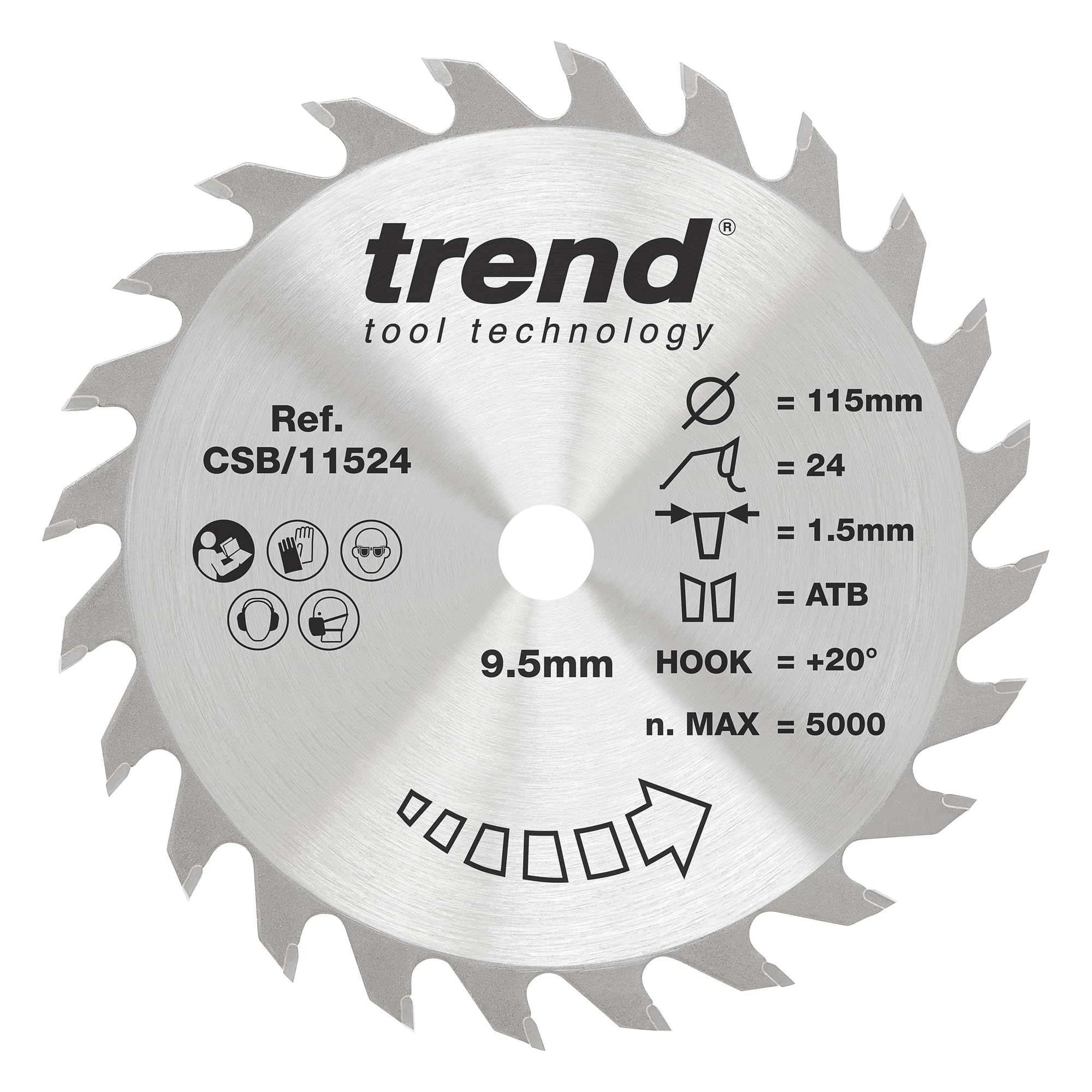 Trend Metallic Silver Wood Circular Saw Blade, 115Mm Diameter, 9.50Mm Bore, 24 Teeth, 1.5Mm Kerf, +20° Hook, Tct, Medium Finish, Csb/11524