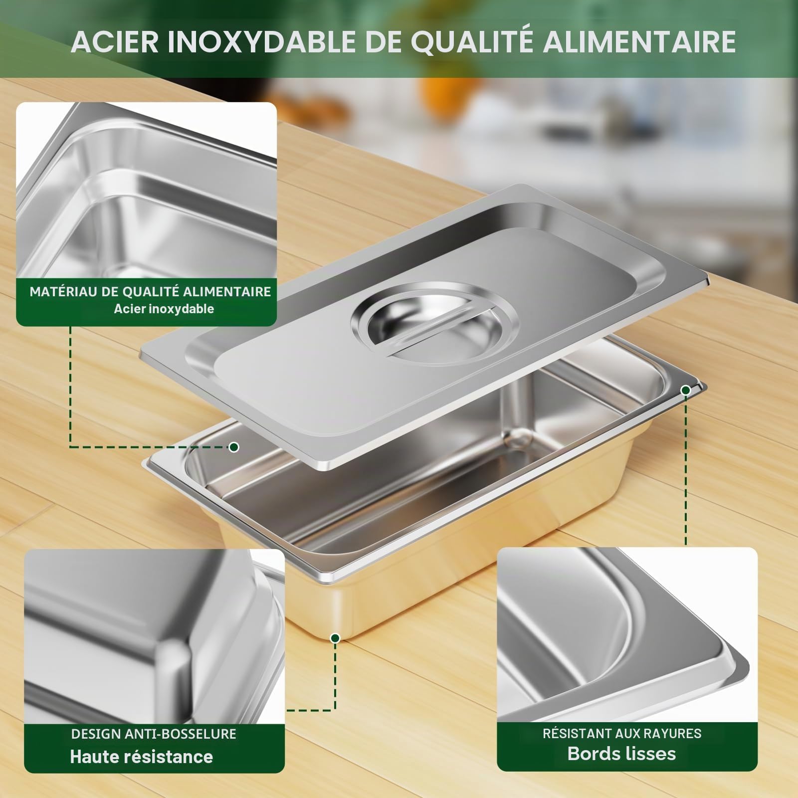 TAIMIKO Bac GN Gastronorm Lot de 6 récipients de poêle en acier inoxydable de 100 mm de profondeur avec couvercle pour bain marie traiteur 1 mm d'épaisseur (1/3, 6 pièces, avec couvercle)