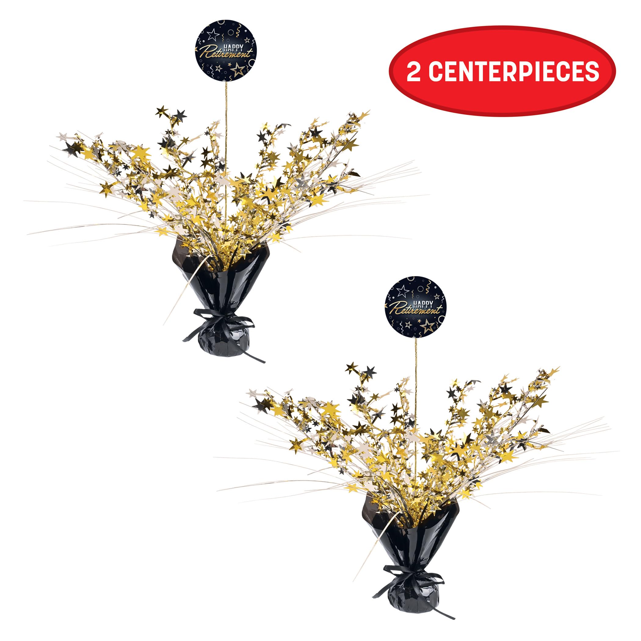 Beistle Happy Retirement Gleam 'N Spray Centrotavola – Confezione da 2 centrotavola in metallo nero oro e argento, decorazioni per feste per banchetti, invii in ufficio, eventi celebrativi pietra