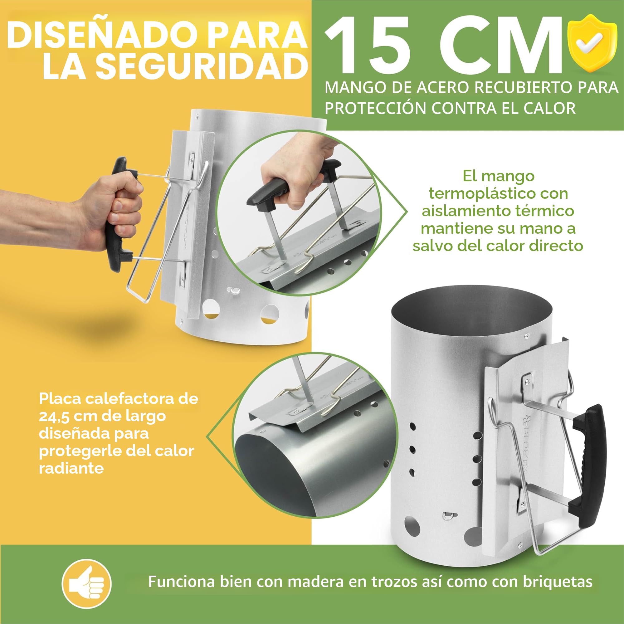 BLOSTM Chimenea para Encender Barbacoa - Extra Grande Encendedor Barbacoa Arranque Rápido, de Acero Galvanizado, con Asas de Seguridad Aisladas Térmicamente para Carbón, Madera en Trozos, Briquetas