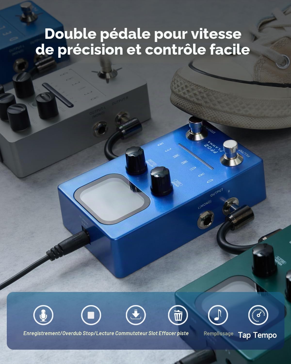 FLAMMA FF02 Pédale de guitare pour machine à tambour – 121 rainures de batterie, 11 genres de musique, Tap Tempo, rythmes personnalisables, E/S stéréo pour une utilisation en direct et en studio