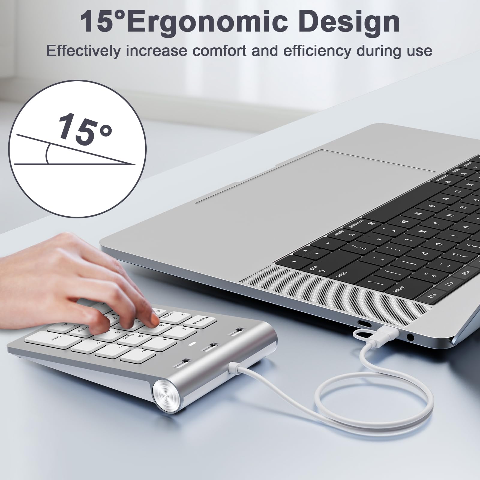 Pavé Numérique avec USB A/USB C, Multifonctions Clavier Numérique avec 3 Ports USB 2.0, 18 touches, Mini Clavier Numérique Ergonomique 15° pour Ordinateur Portable, Notebook et Ordinateur de bureau