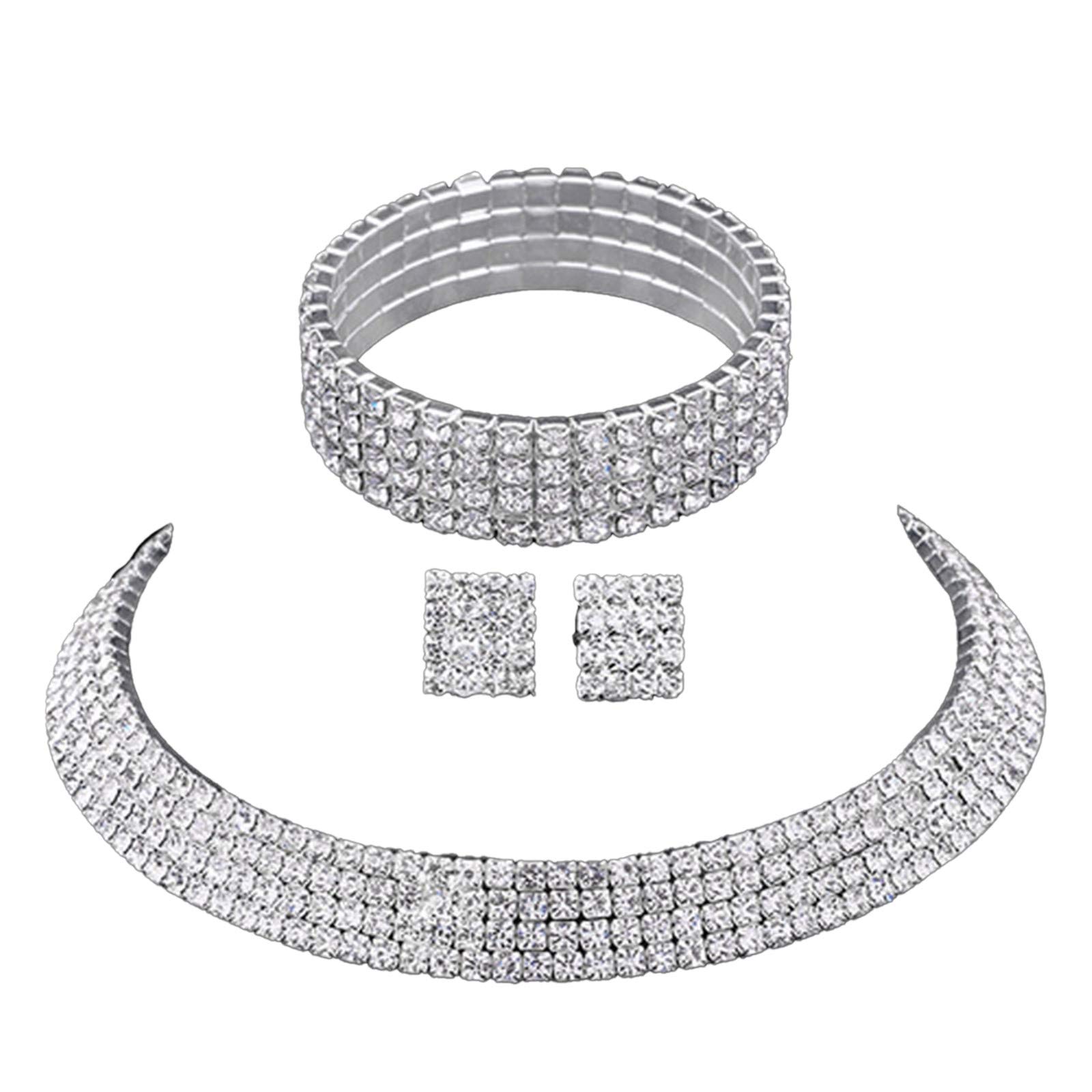 U/D Layered Shiny Rhinestone Beads Bracelet Choker Necklace Jewelry Set Glitter Multi Rows Crystal Long Fringe Tassel Drop Dangle Earrings for Women Girl Bridal Wedding Accessory