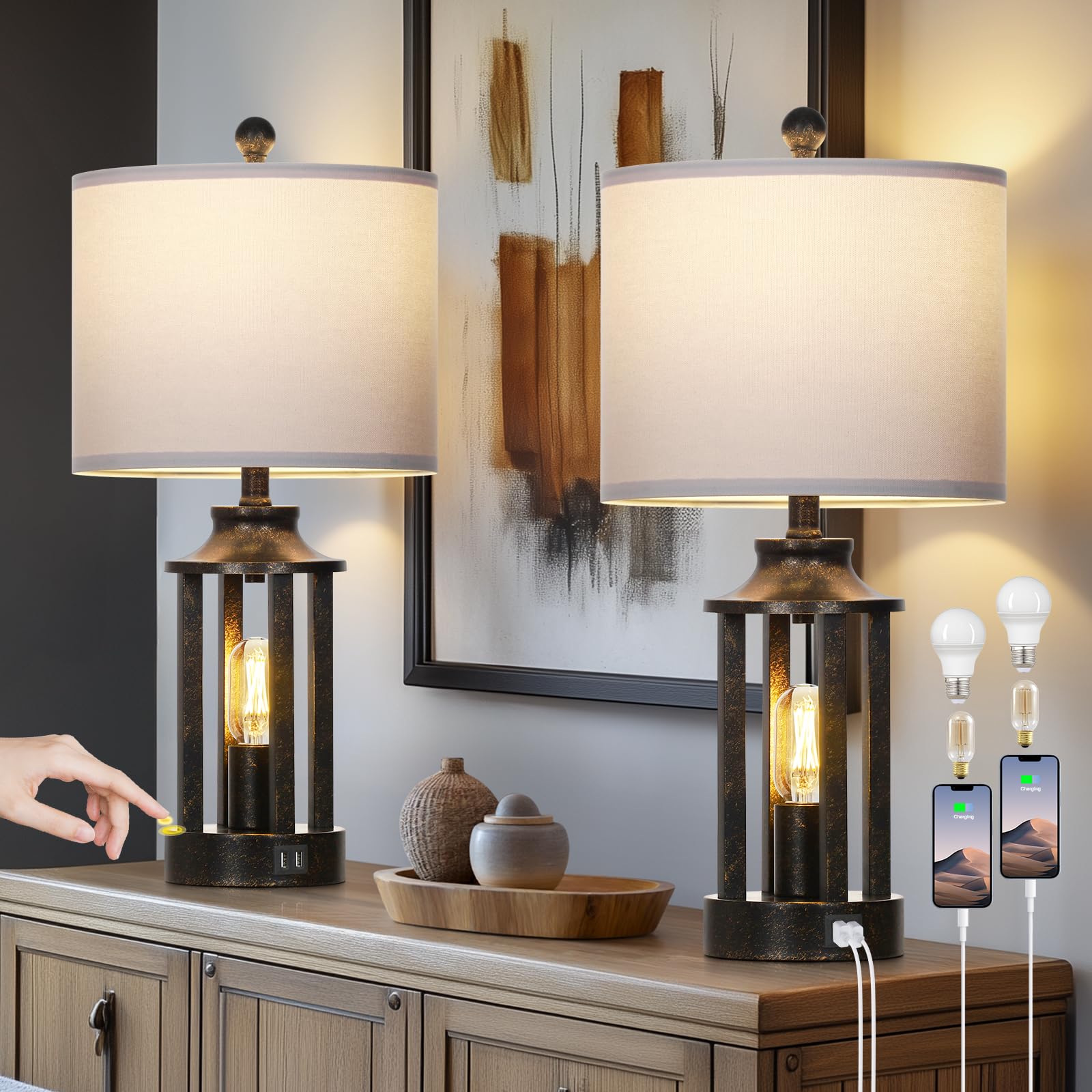 Farmhouse Table Lamps Set of 2, Vintage Living Room Lamps with 2 USB Ports, 3 Way Dimmable Touch Control Bedroom Lamp with 2 LED Nightlight, 23.5"