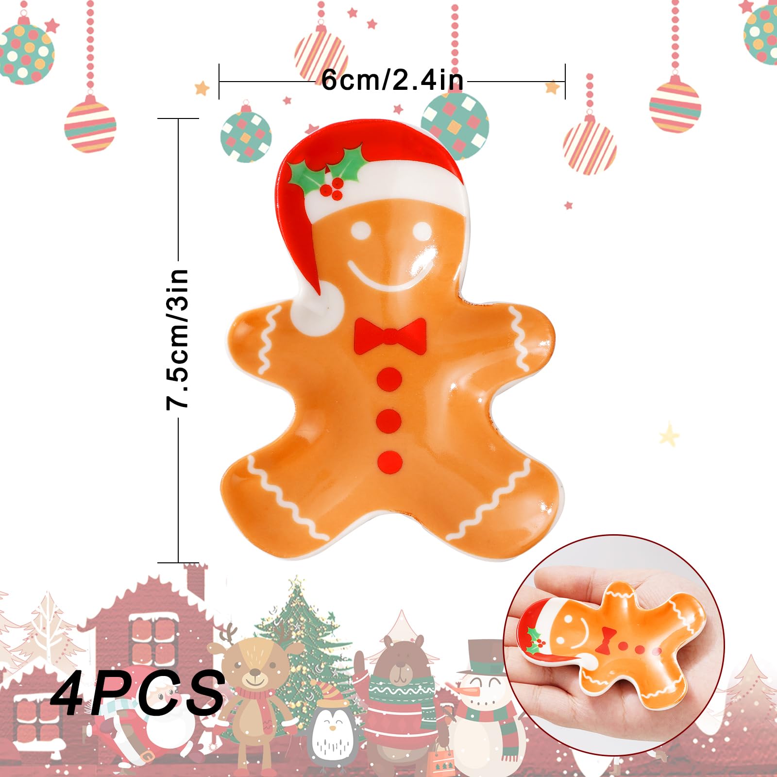 Whaline 4Pcs Christmas Spoon Rest Gingerbread Man Ceramic Spoon Holder Cute Xmas Gingerbread Sauce Dishes Ring Dish for Kitchen Home Office Decor