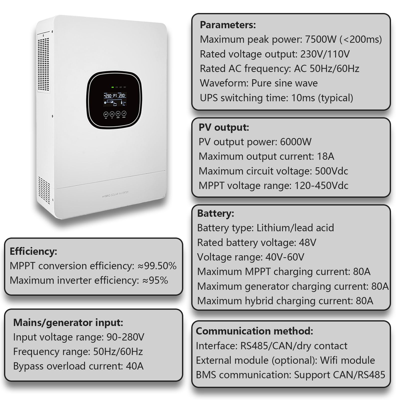Hybrydowa ładowarka inwerterowa solarna o mocy 6000 W, wbudowany kontroler MPPT, obsługa BMS, rozwiązanie zasilania poza siecią dla akumulatorów 48 V