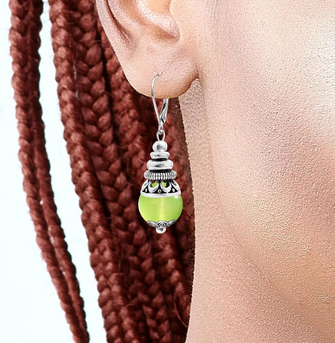 Natural 10mm Stone Beads Drop Earrings,Retro Silver Round Quartz Crystal Gemstone Beads Dangle Earrings for Women - Image 5