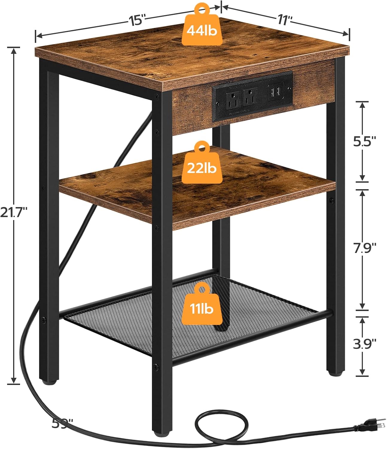 HOOBRO End Table with Charging Station and Round Side Table Bundle, 3-Tier Nightstand with Adjustable Shelf, Round Accent End Table with Sturdy X-Shaped Metal Frame, Rustic Brown BF112BZ01-BF95BZ01