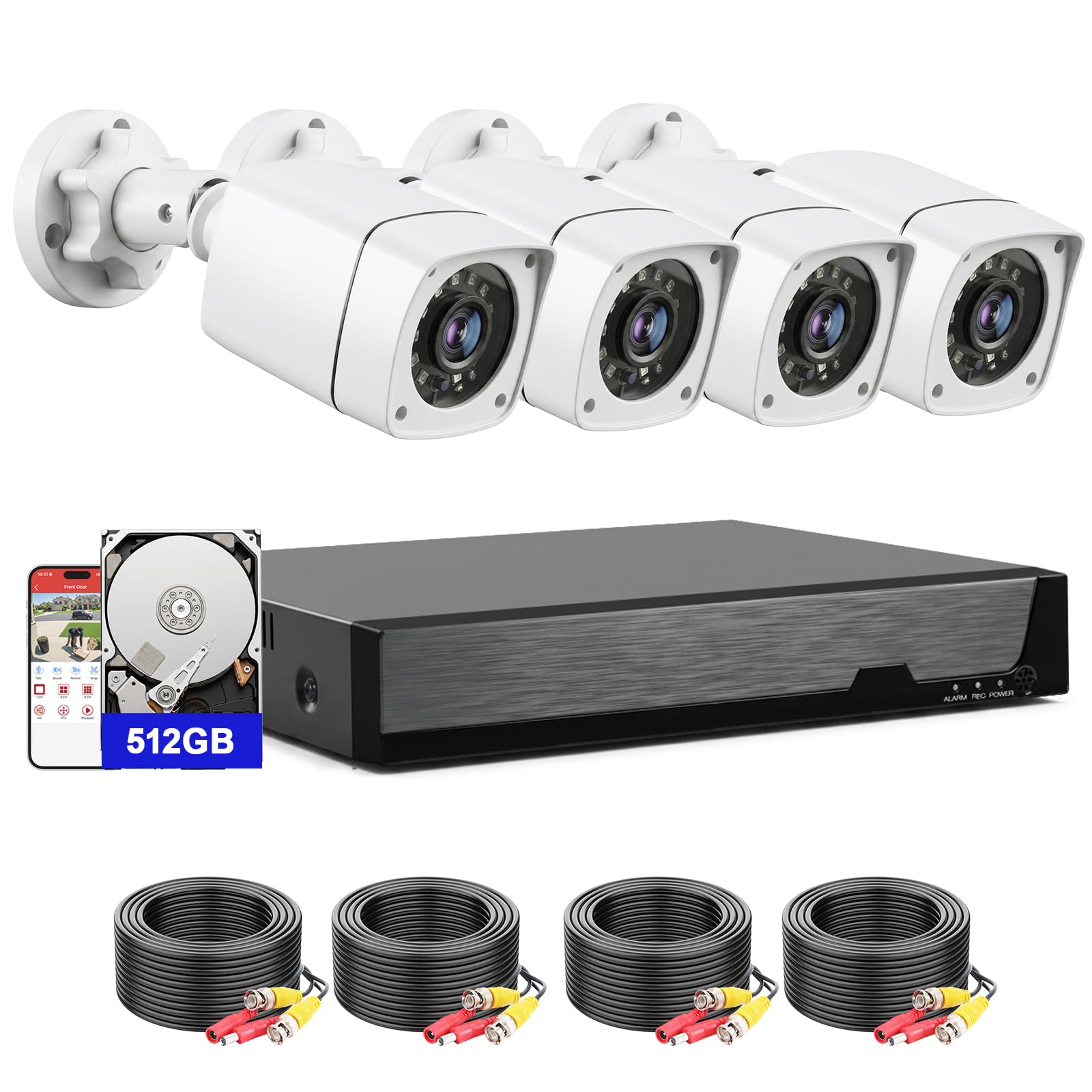 4CH Wired Security Camera System, AIWIXEN 4X 1080P Cam, DVR with 512GB HDD | Surveillance Cameras with Human Vehicle Detection, IP68 Waterproof, 24-7 Recording, Remote Access, Home Security CCTV Outdoor