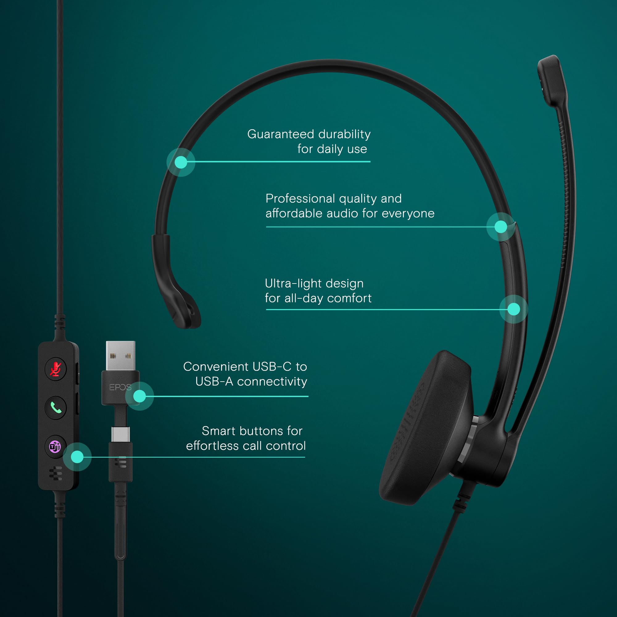 EPOS IMPACT 100 MS Mono USB-C+A zestaw słuchawkowy z mikrofonem, certyfikat Microsoft Teams, redukcja szumów, lekki, miękki silikonowy wspornik boczny, adapter USB, sterowanie połączeniami, UC do