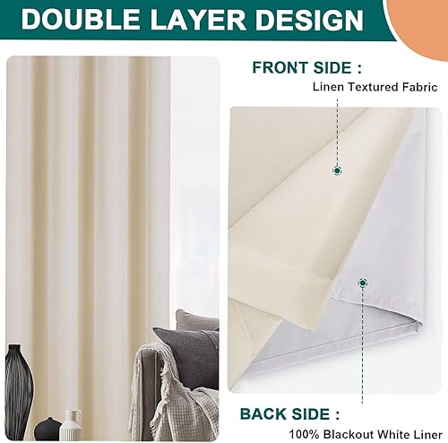 Miniatura 7 de Diraysid Cortinas 100% opacas, cortinas de lino beige claro para dormitorio, con aislamiento térmico, cortinas de oscurecimiento de habitación (2
