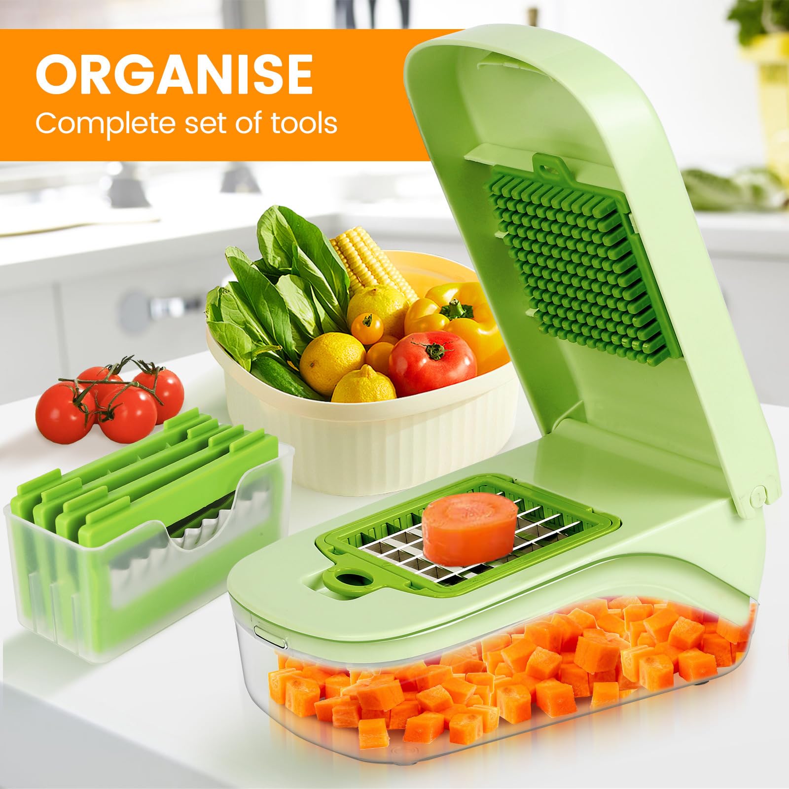 Hopper à légumes multifonctionnels, 17 dans 1, hachoir de légumes de la nourriture Slicer de mandoline avec récipient, pour l'oignon, l'ail, la carotte, la pomme de terre, les fruits