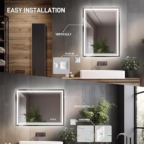 Miniatura 7 de FURNIFIXTURE Espejo de baño LED de 24 x 32 pulgadas, espejo de tocador iluminado para pared con retroiluminación y dos luces frontales, antivaho, a