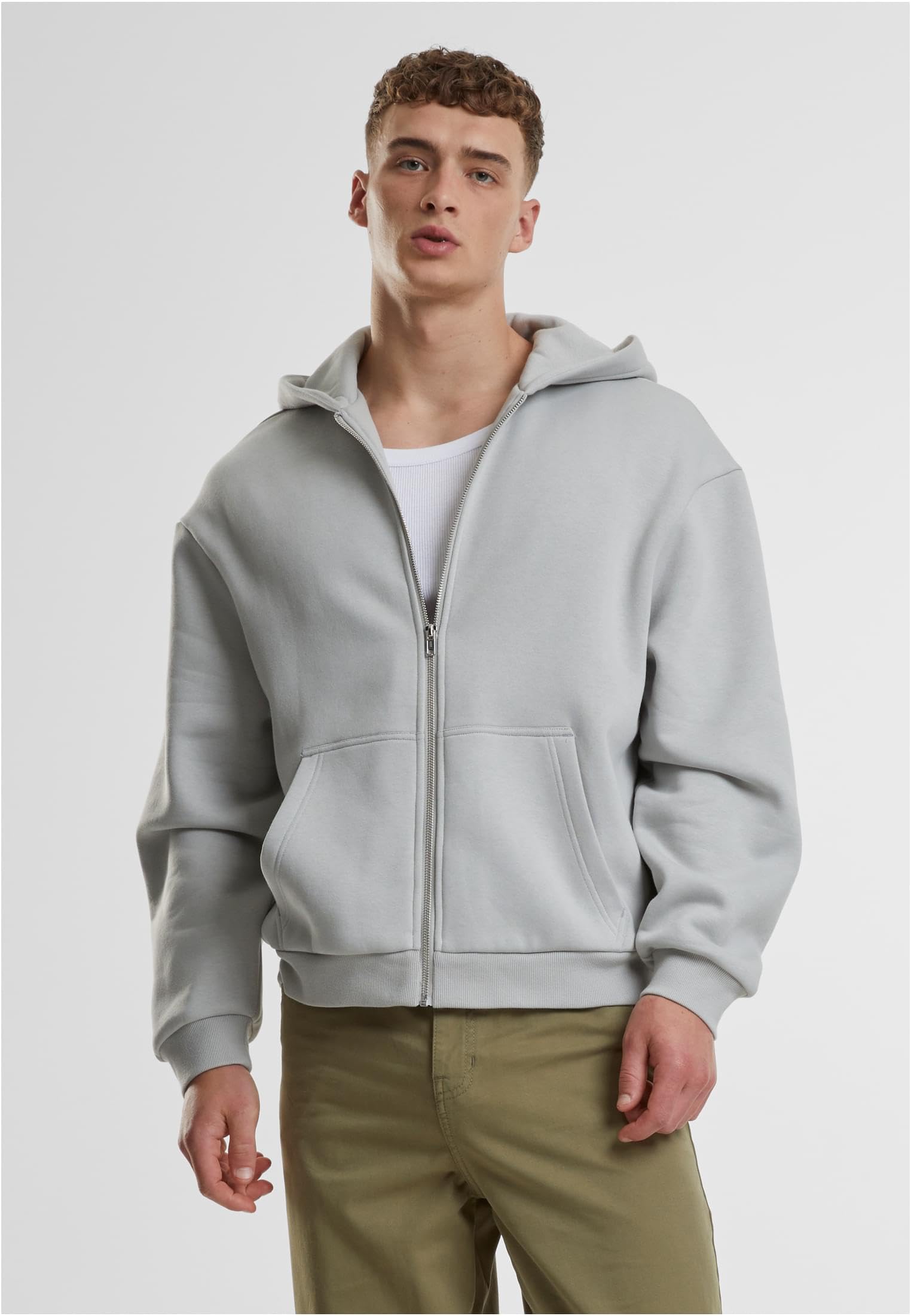 Urban Classics Męska bluza z kapturem Fluffy Zip Hoody, puszysta bluza z kapturem z zamkiem błyskawicznym, bluza z kapturem dla mężczyzn, oversize fit, Lightassphalt, L
