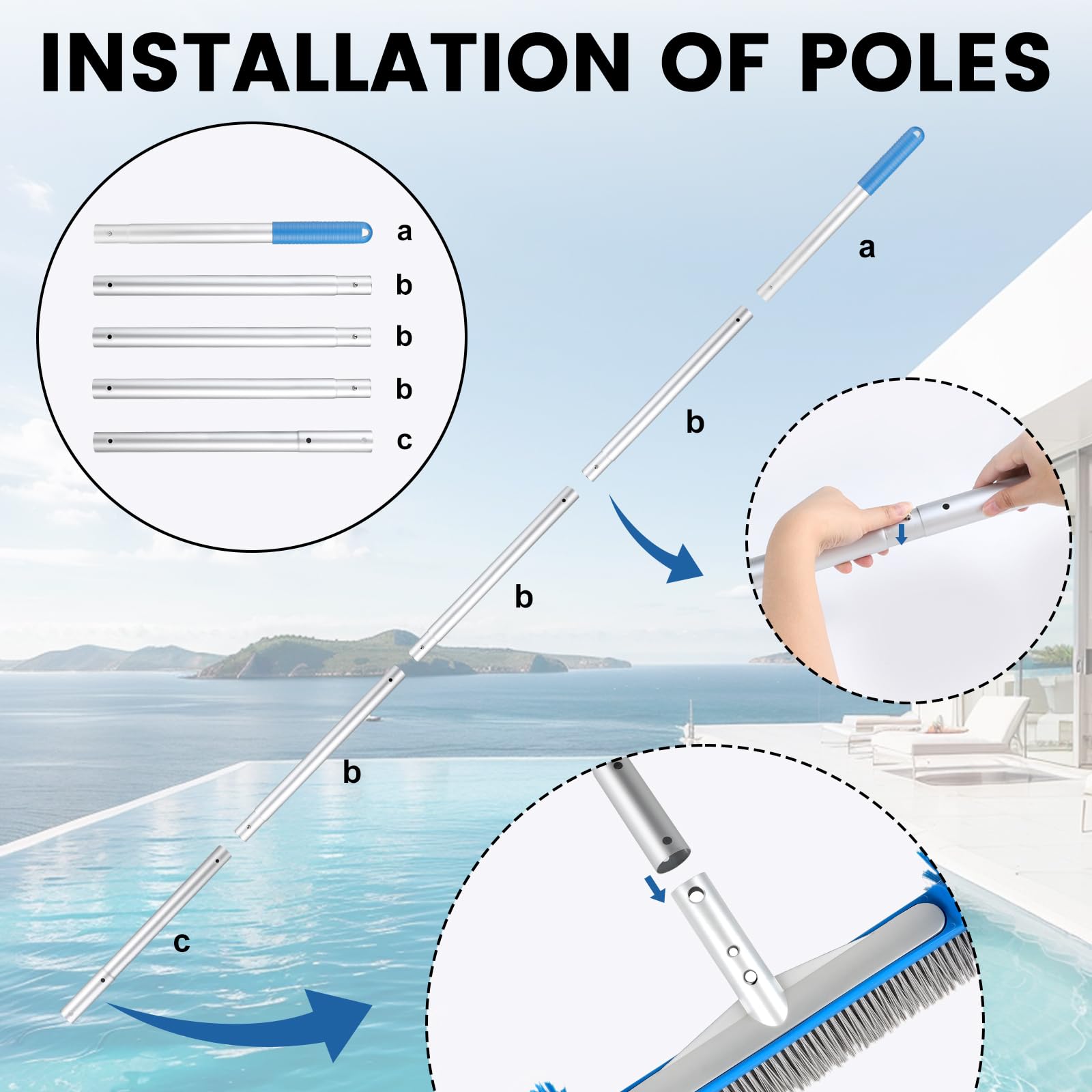 LALAGO Runde Poolbürste, Poolbürste mit Demontage Stange, Pool Reinigungs Bürste mit Halbkugelförmigen Borsten, Bodenbürste für Badezimmer, Bürste Reinigung Breit für Poolwänden, Fliesen und Stufen