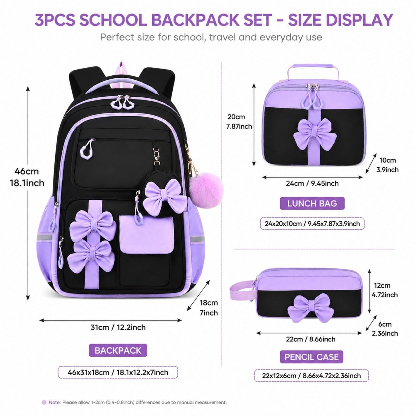 Generico Zaino Bambina Fiocco Set 3 Pezzi Grande Capacità | Zainetto scolastico con fiocco decorativo e accessori inclusi, leggero e capiente, ideale per bambine, scuola e tempo libero