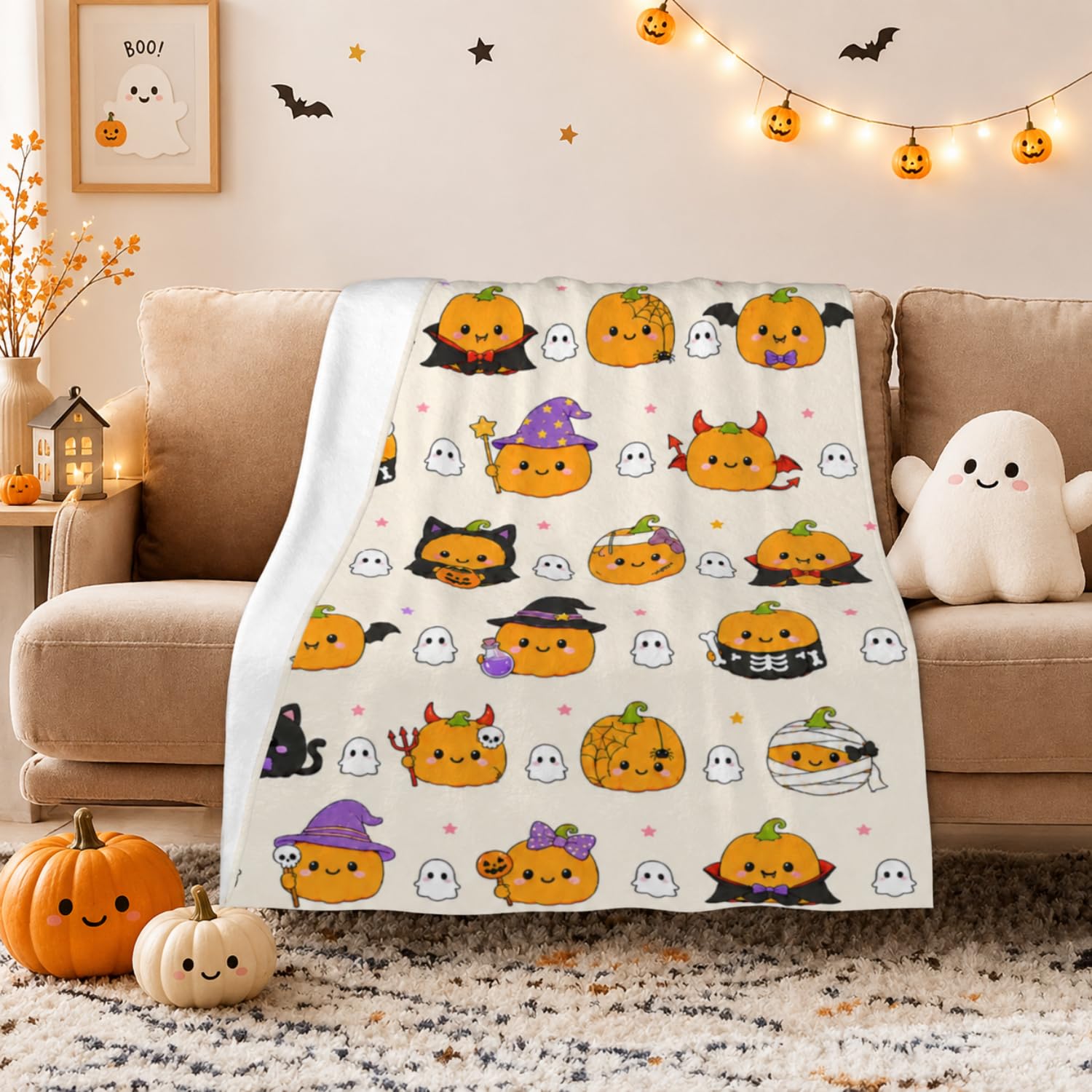 Cute Halloween Throw Blanket 150 x 100 cm for Sofa Bed & Kids Room (Yellow)