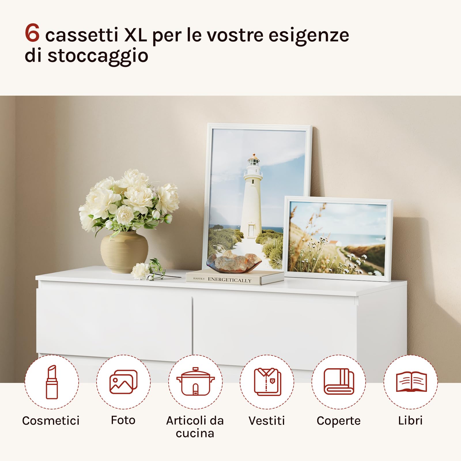 WOLTU Cassettiera, Mobiletto Salvaspazio | con 6 Cassetti, in Stile Moderno per Soggiorno, Camera da Letto e Corridoio, 100 x 36 x 69 cm, Bianco, Legno