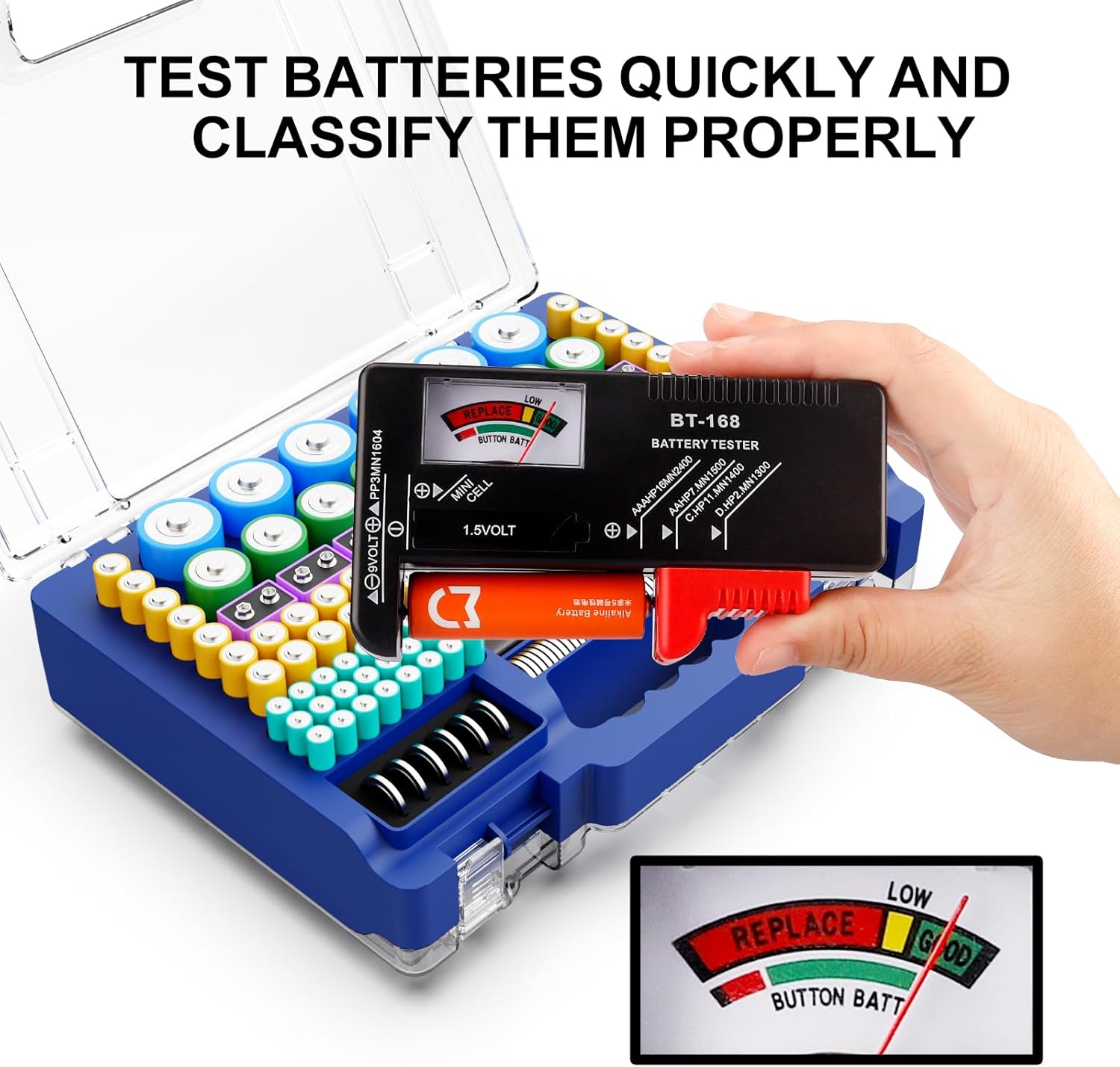 Tututry Battery Organizer Storage Holder Box Case with Tester, Ultra-Large 262+ Batteries Container with Double-Sided, Holds AA AAA 4A 23A C D Cell 9V 3V Lithium 4LR44 CR3 CR123A 18650 (Blue)
