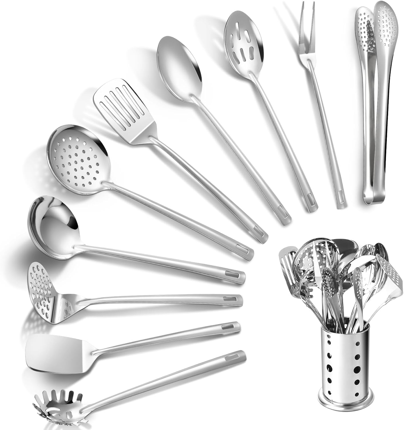 Lazycorner Kitchen Utensils Set, 11pcs Stainless Steel Cooking Utensils Set with Holder, Metal Kitchen Set for Cooking with Turners, Potato Masher, Spatula, Spoons, Pasta, Tongs Lazycorner Kitchen Utensils Set, 11pcs Stainless Steel Cooking Utensils Set with Holder, Metal Kitchen Set for Cooking with Turners, Potato Masher, Spatula, Spoons, Pasta, Tongs