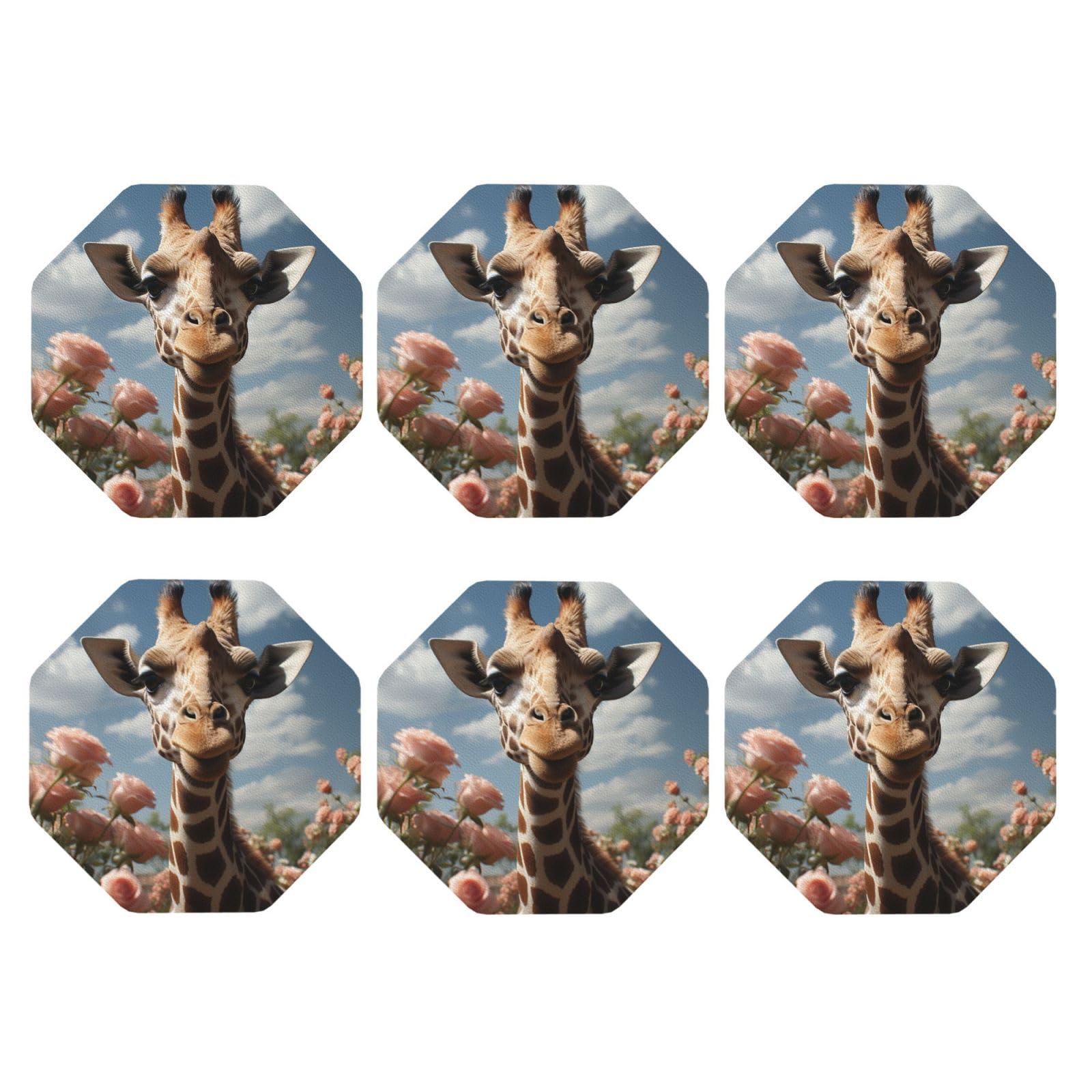 6pcs Leather Coasters for Drinks, Beautiful Giraffe Drink Coasters for Tabletop Protection, 4" Cup Coasters for Coffee Table Decor, Non-Slip Drinking Cup Mat for Hot Or Cold Drink