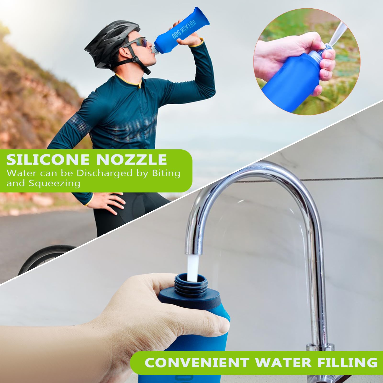 2 Pezzi Borraccia Morbida 500 ml, Soft Flask in TPU, Borraccia Pieghevole, Senza BPA, Bottiglia Pieghevole Riutilizzabile, per Running, Escursionismo, Campeggio e Alpinismo (Blu)
