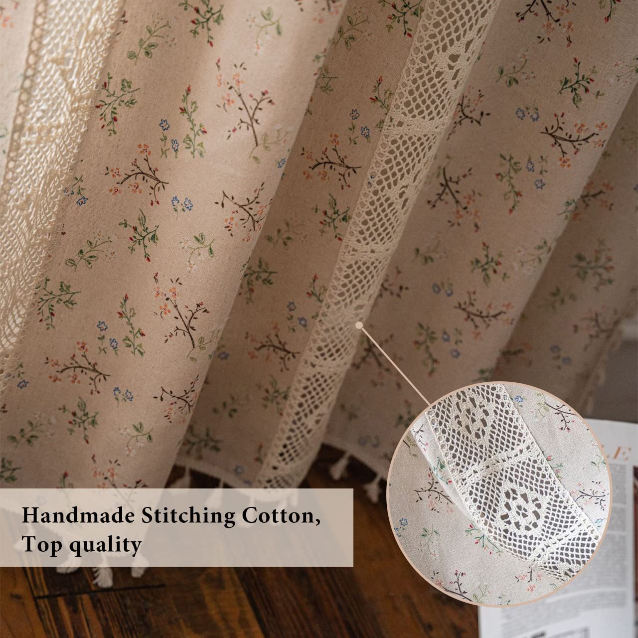 Lot de 2 rideaux occultants élégants en coton et lin avec pompons en macramé brodés pour bloquer la lumière et l'intimité pour chambre à coucher et salon, 150 x 259 cm (l x L)