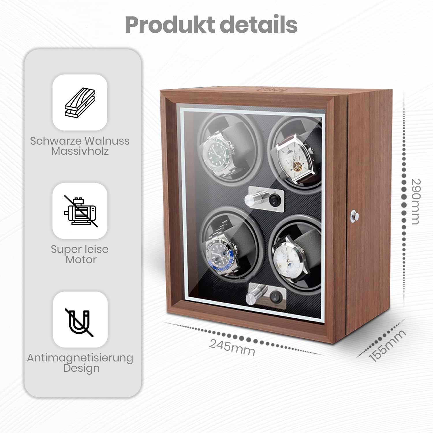 Olvy Uhrenbeweger für 4 Uhren, Watchwinder Box, Extrem Leiser Mabuchi Motor, Flexiblem Uhrenkissen, Watch Winder