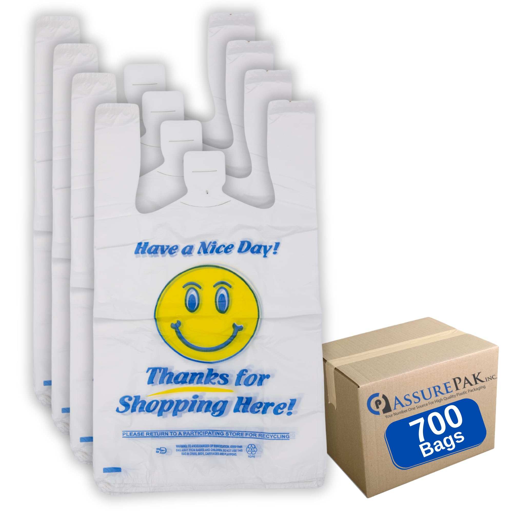 ASSUREPAK Easy Open - 700 Bags - White Happy Face/Smiley Face HDPE T-Shirt Bags - 1/8 BBL 10"X5"X18" - 16 microns - White - 10022HF-EO