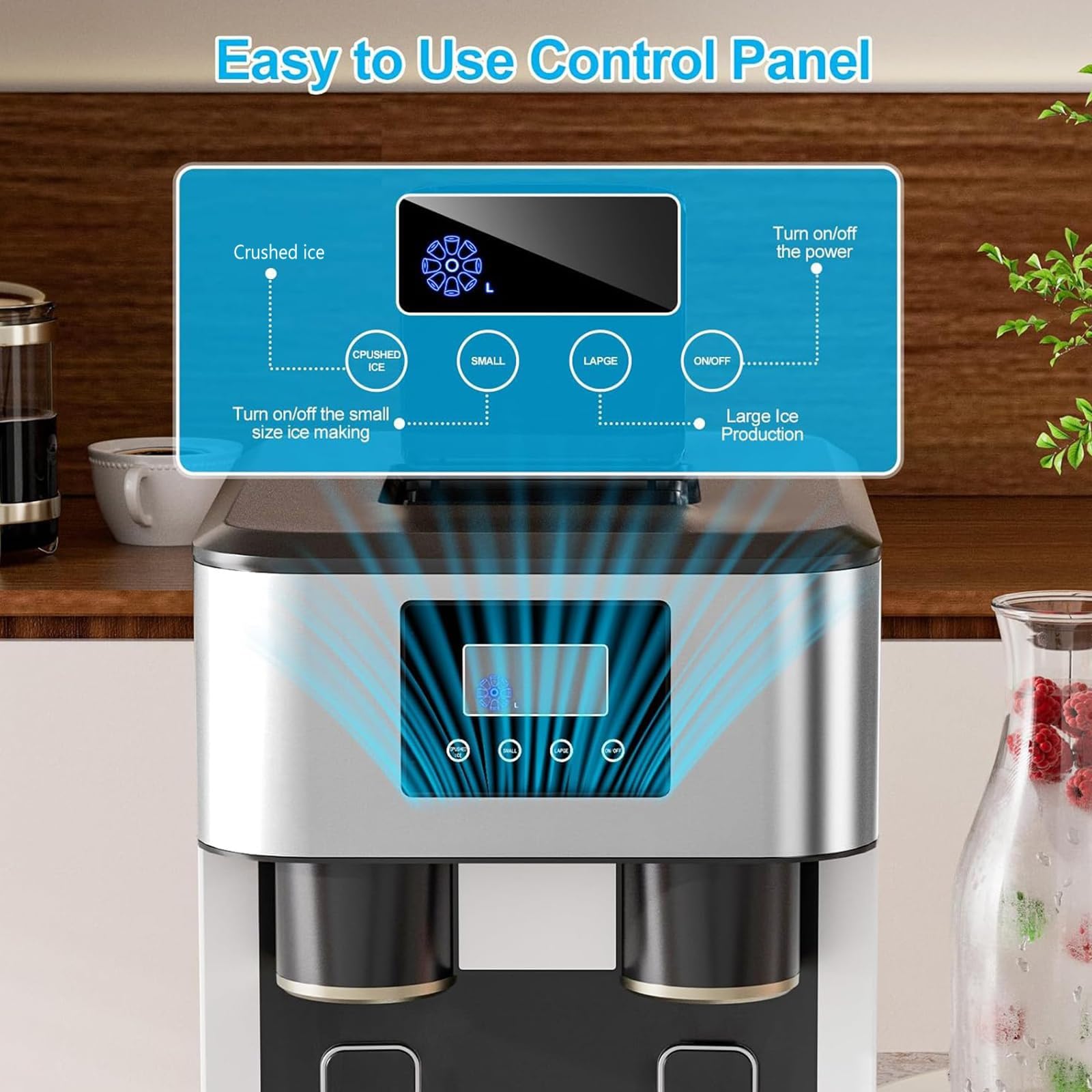 Macchina Ghiaccio Casa Con Tritaghiaccio E Acqua – 3 Funzioni, Ghiaccio Bullet, 13-16kg/24h, Ciclo 8-9 Min, Isolamento HD, Carico Auto/Manuale, Per Uso Domestico(Silver)