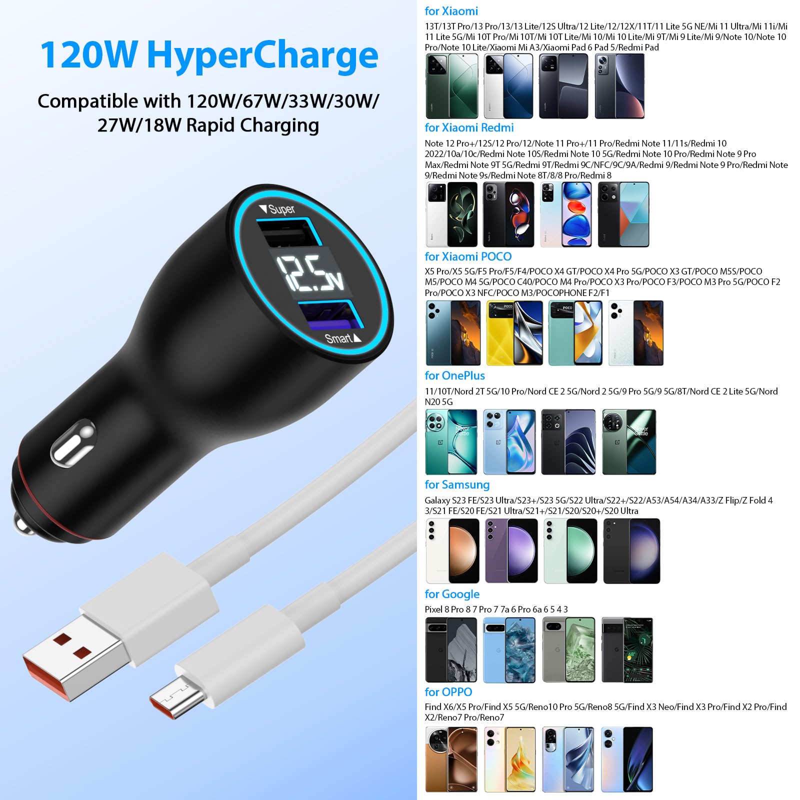 ASKUBSKU Cargador Coche 120W y Cable para Xiaomi Redmi Note 15 14Pro+ 5G | Carga Rápida USB Adaptador Cargador Coche y 6A Cable USB C 1Metro para Xiaomi 17T Pro 13 Pro Poco F8 Redmi Note 13Pro+ 12Pro+