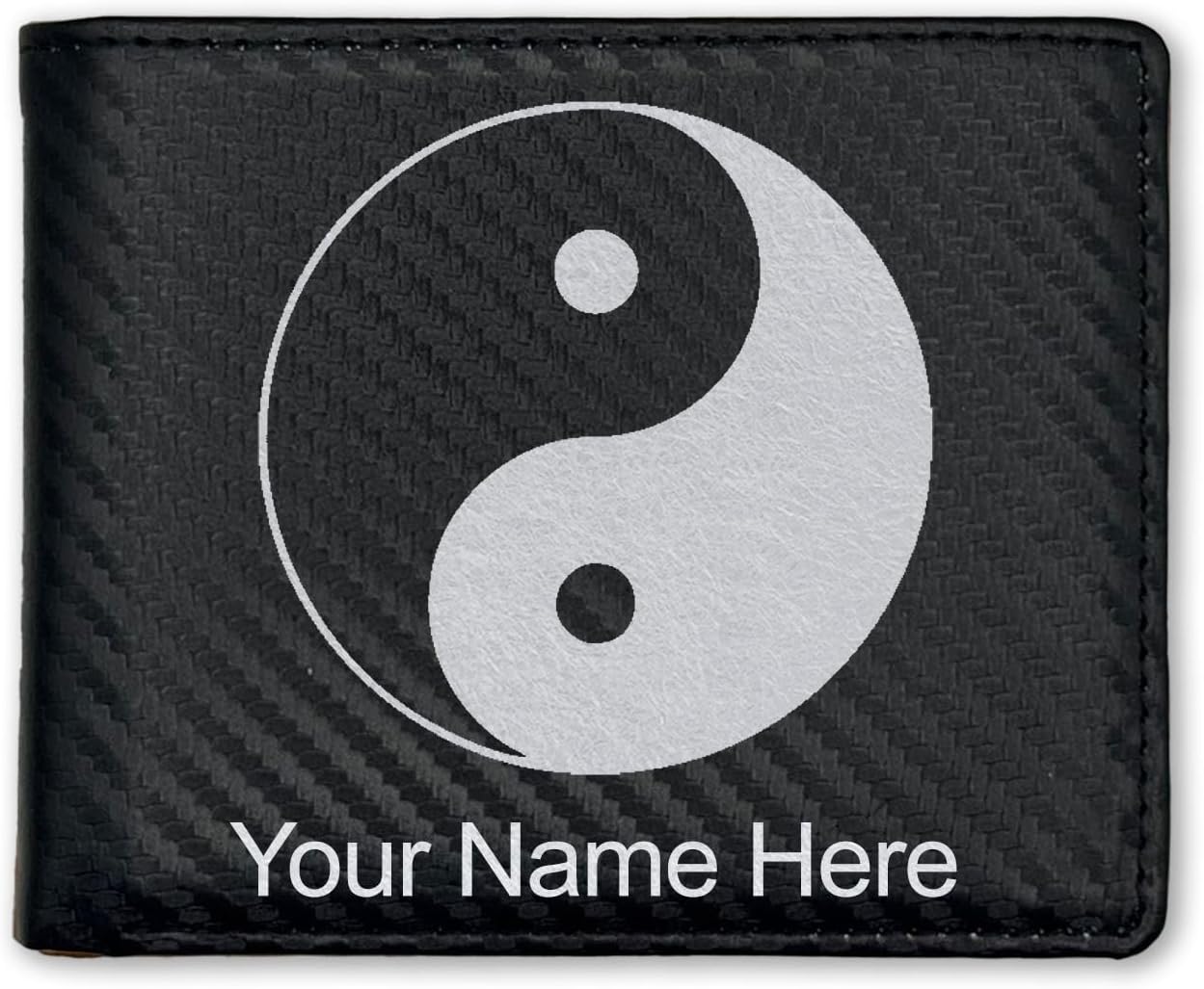 LaserGram Faux Leather Bi-Fold Wallet, Yin Yang, Personalized Engraving Included (Carbon Fiber Black with Silver)
