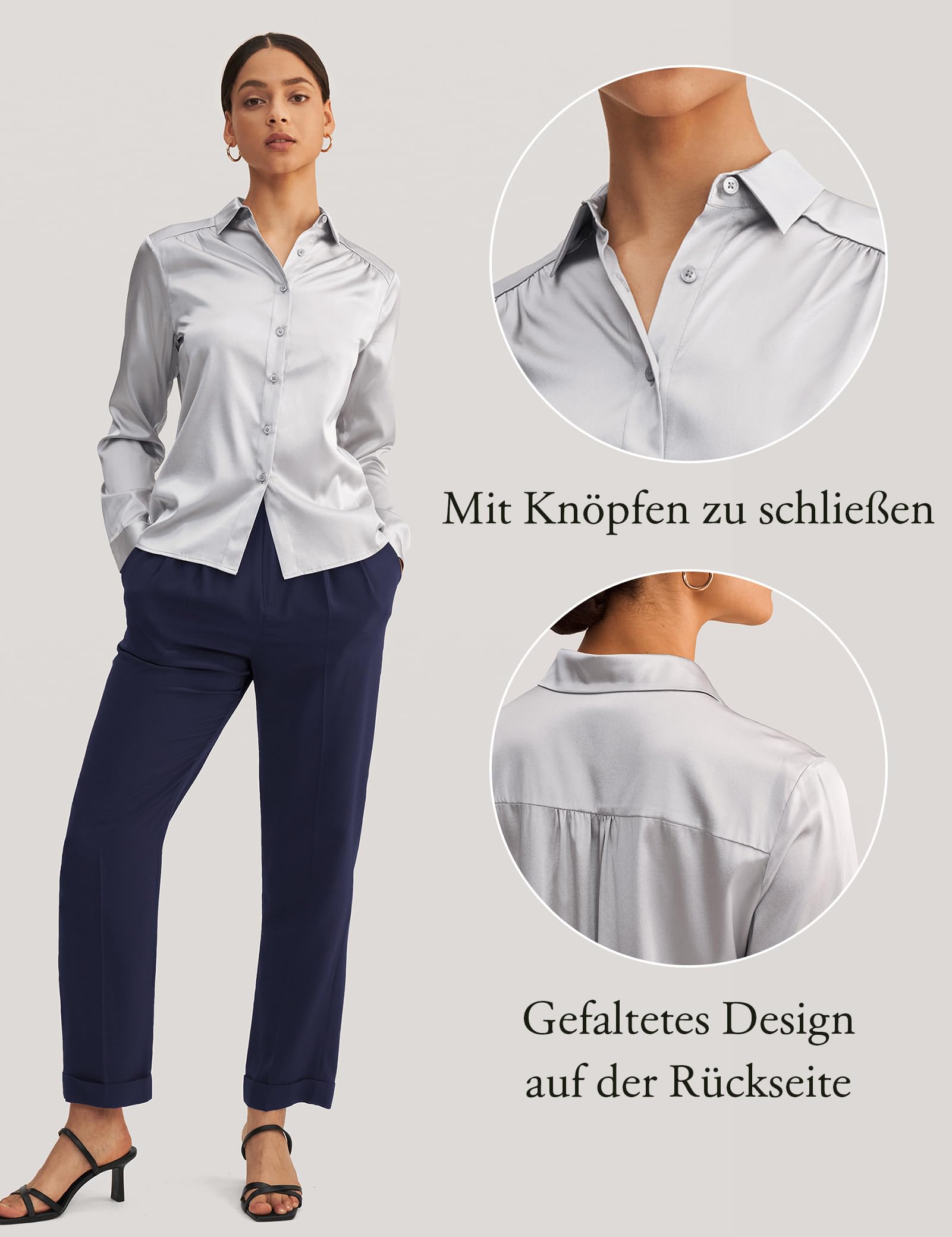 LilySilk Frauen Seide Hemdbluse Damenhemd Shirt Langarm Kragen Klassische Bluse mit V-Ausschnitt für Arbeit oder Freizeit