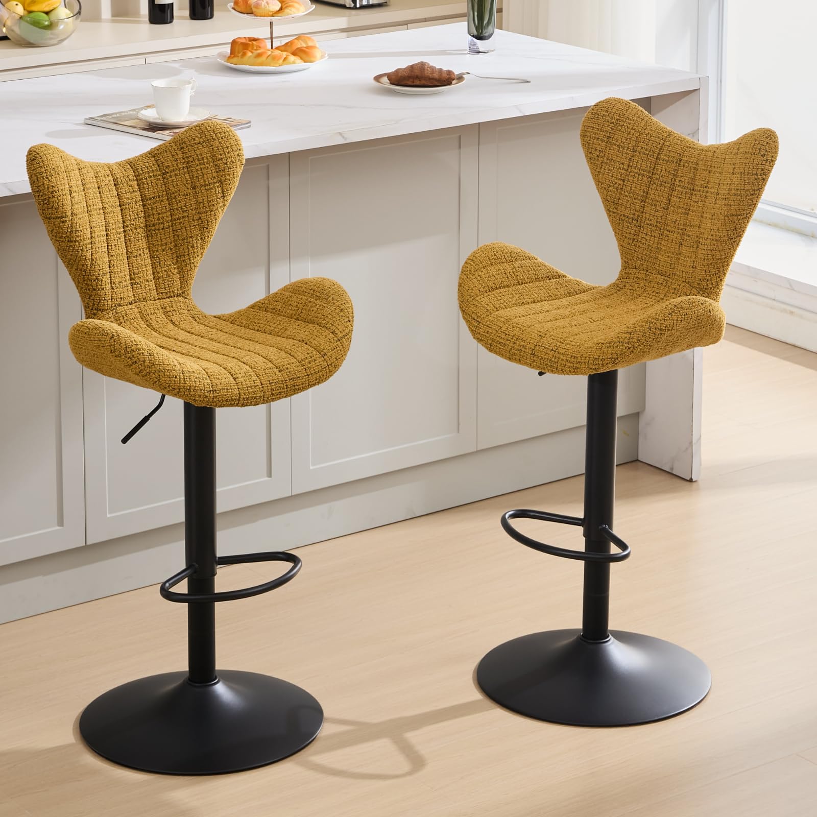 Tabouret de Bar Pivotant 360° en Chenille Lot de 2 Tabourets Hauts avec Dossier Unique Chaise de Bar Réglable en Hauteur pour Cuisine, Jaune